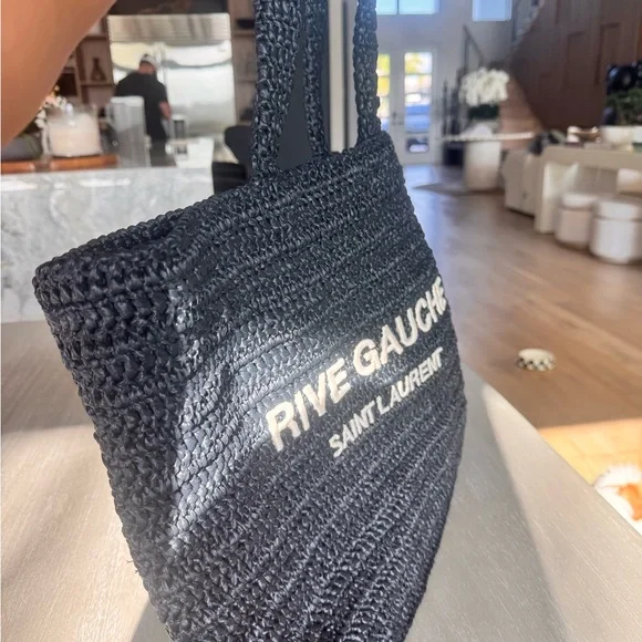 Saint Laurent Black Rive Gauche Crochet Tote with White Logo - Picture 5 of 7